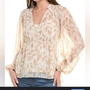 CAbi Cream and Tan Leaf Pattern Blouse